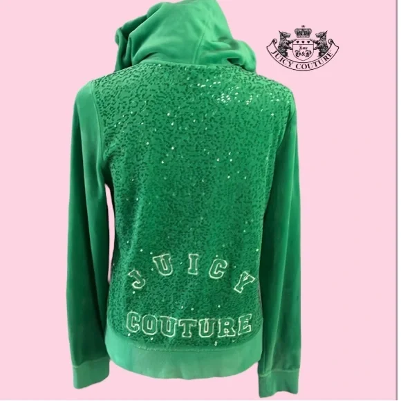 💥Rare-Juicy Couture Deadstock Kelly Green Velour /Sequence Zip Hoodie - Picture 1 of 16
